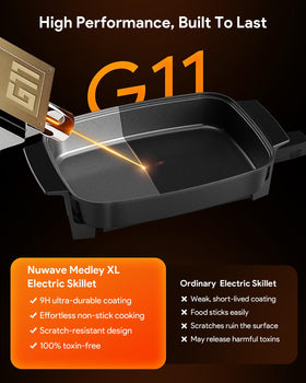 Nuwave Medley XL PFAS-free G11 ceramic coating simplifies cleanup.