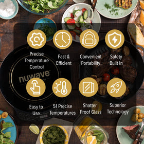 Nuwave Gold temperature range shown for versatile cooking.