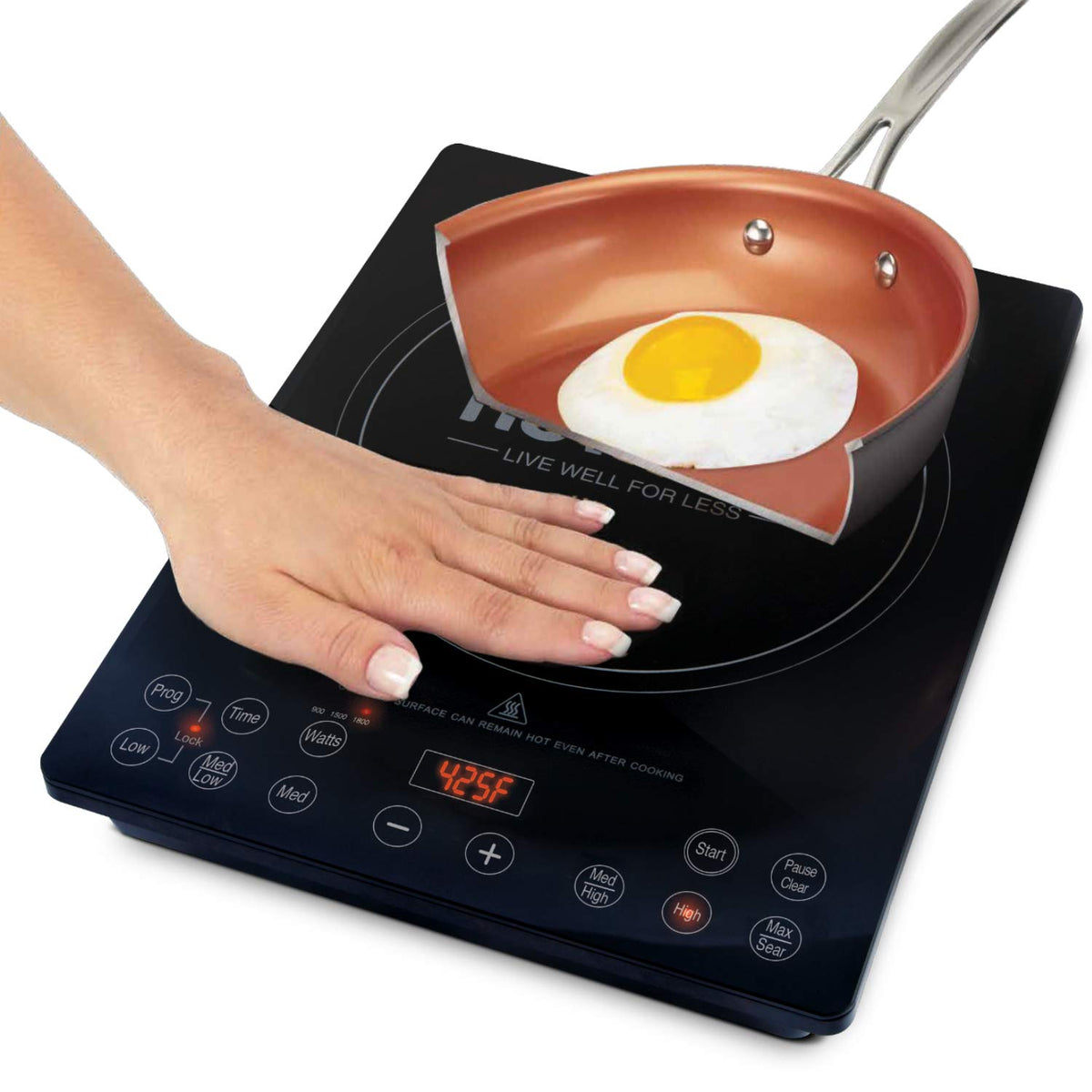 Nuwave Pro Chef shatter-proof ceramic glass surface emphasizing safety.