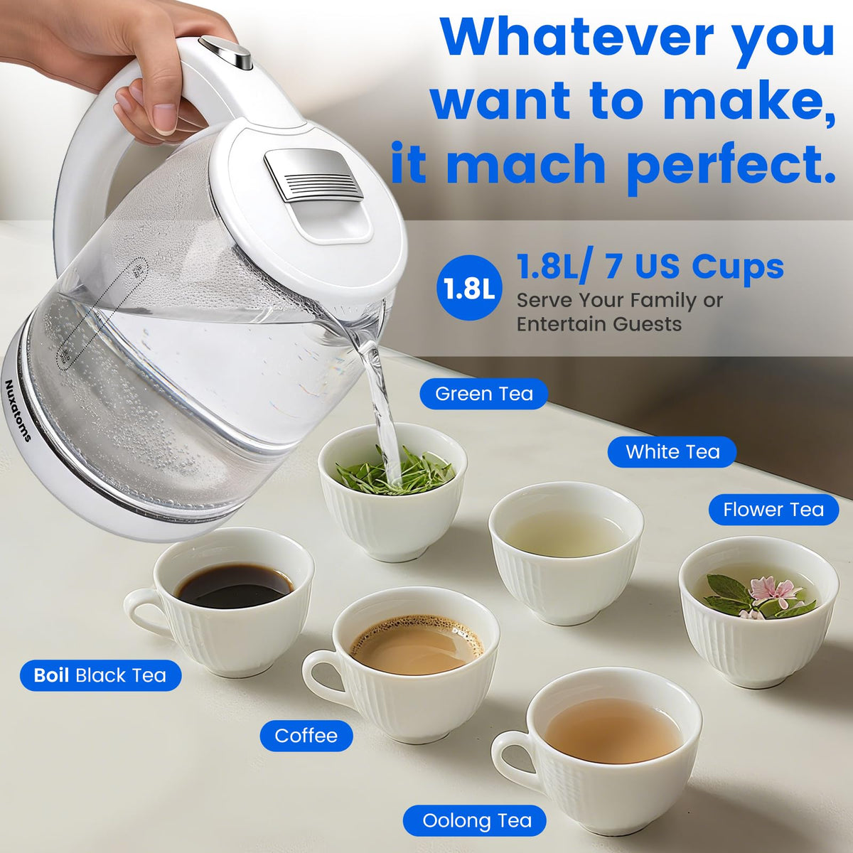 Nuxatoms kettle features a 360-degree swivel base for easy use.