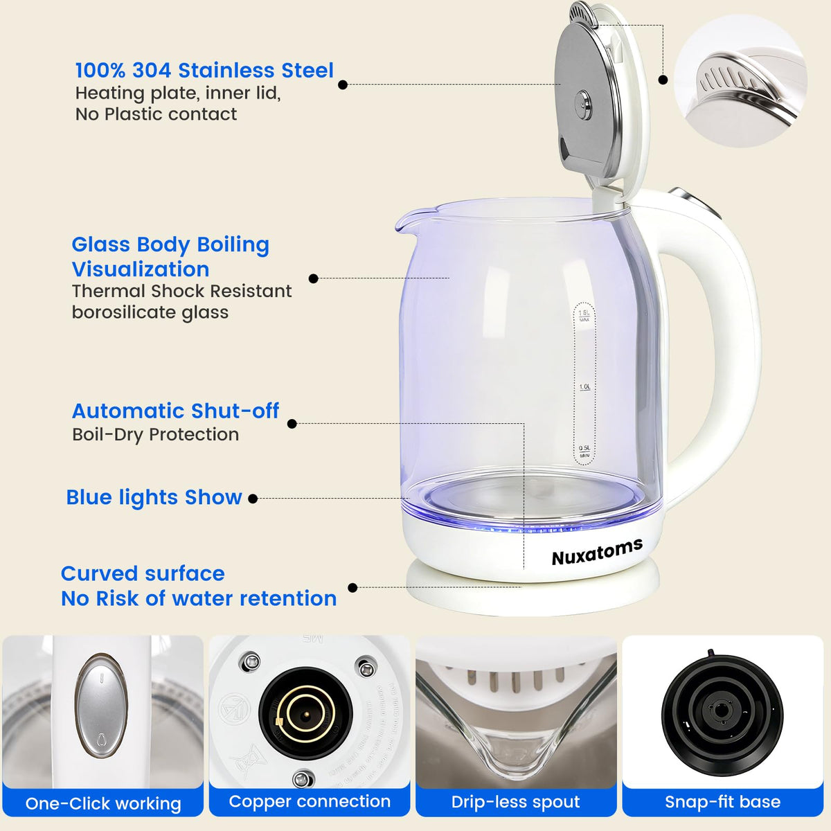 Nuxatoms kettle shows auto shut-off for safe boiling.