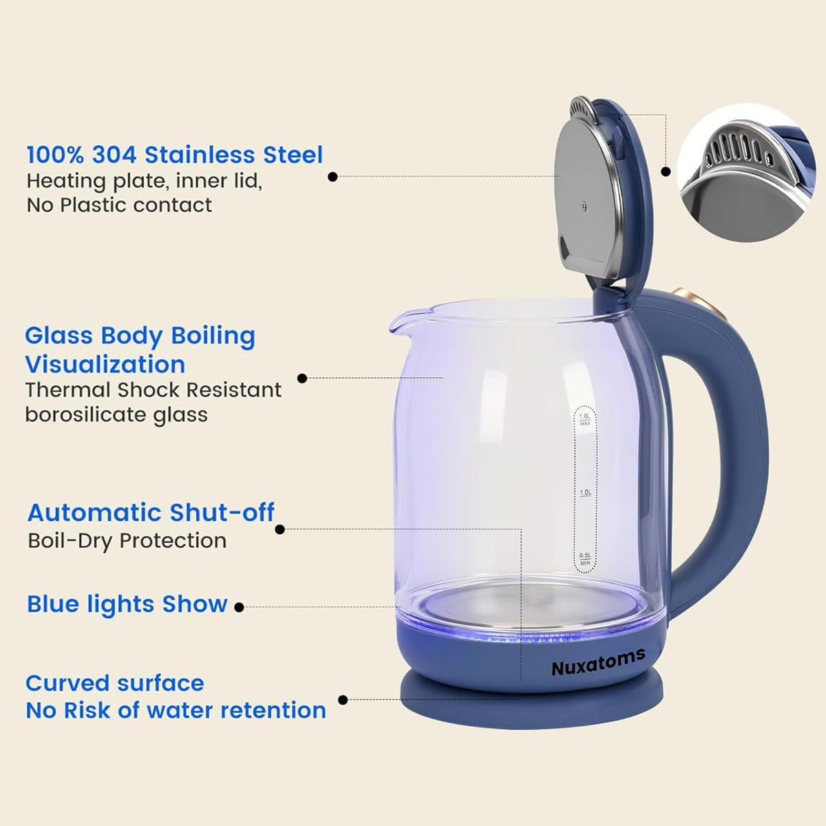 Nuxatoms glass electric kettle showing 360-degree swivel base for easy pouring