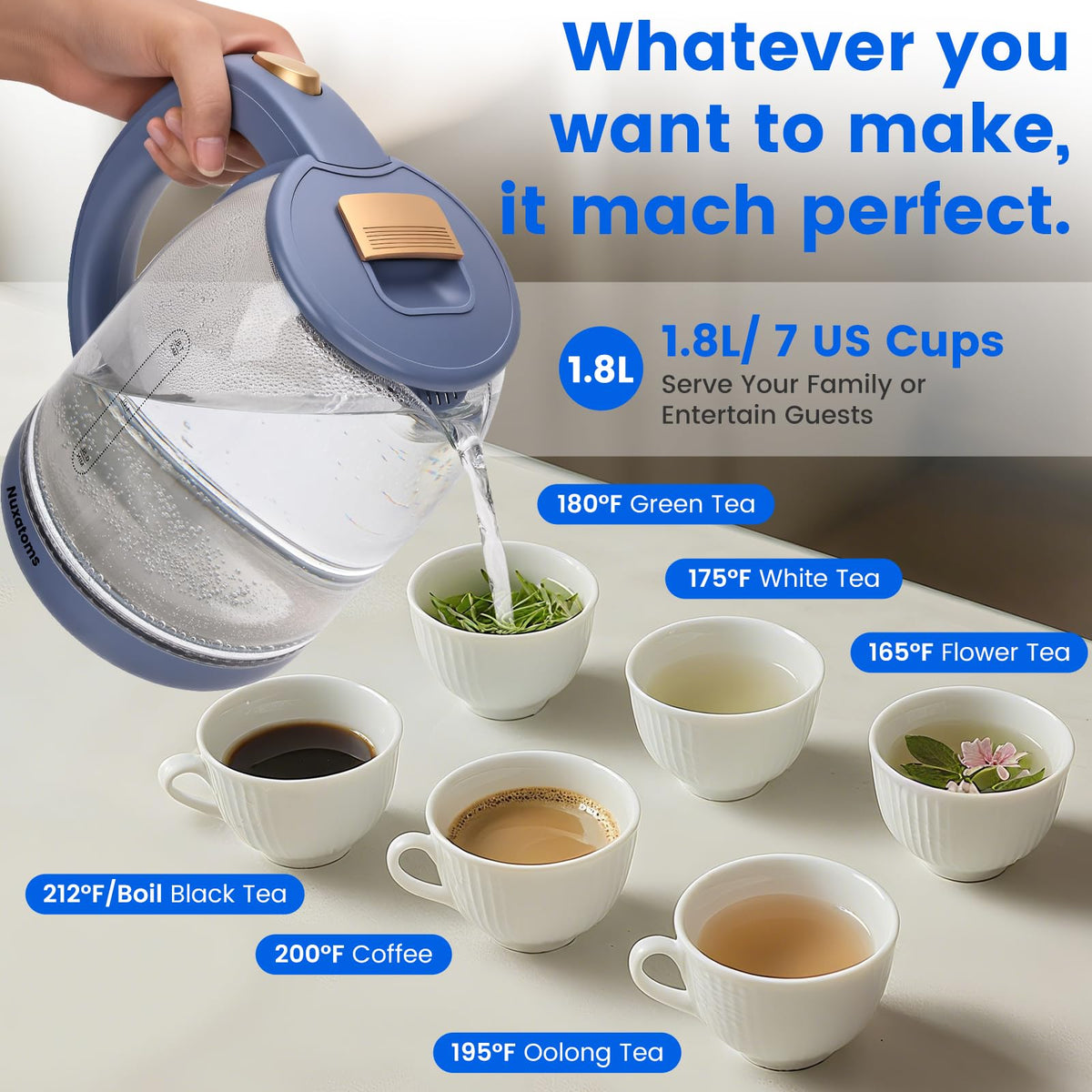 Nuxatoms kettle featuring boil-dry protection to avoid dry heating