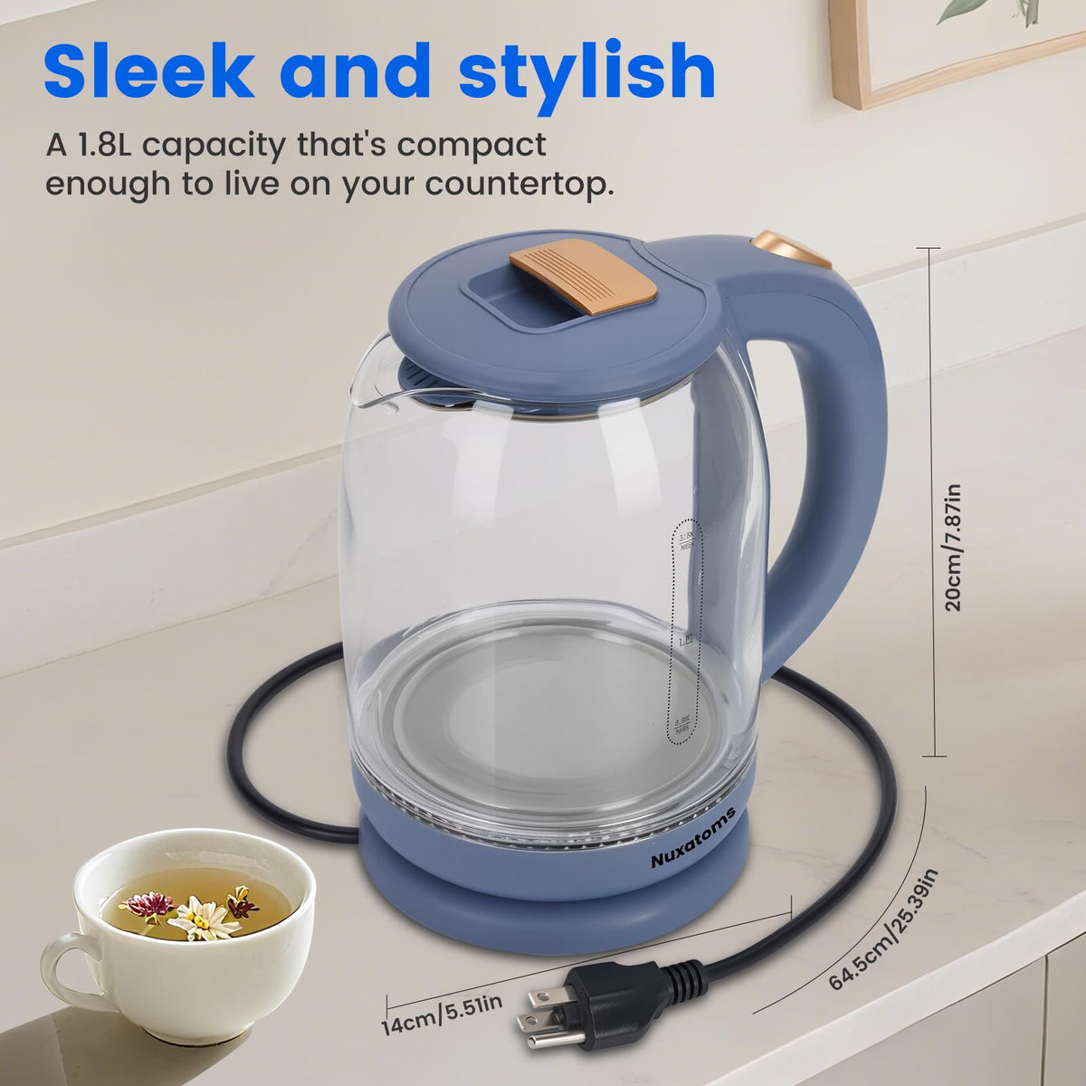 Nuxatoms kettle with no plastic contact ensuring water stays pure