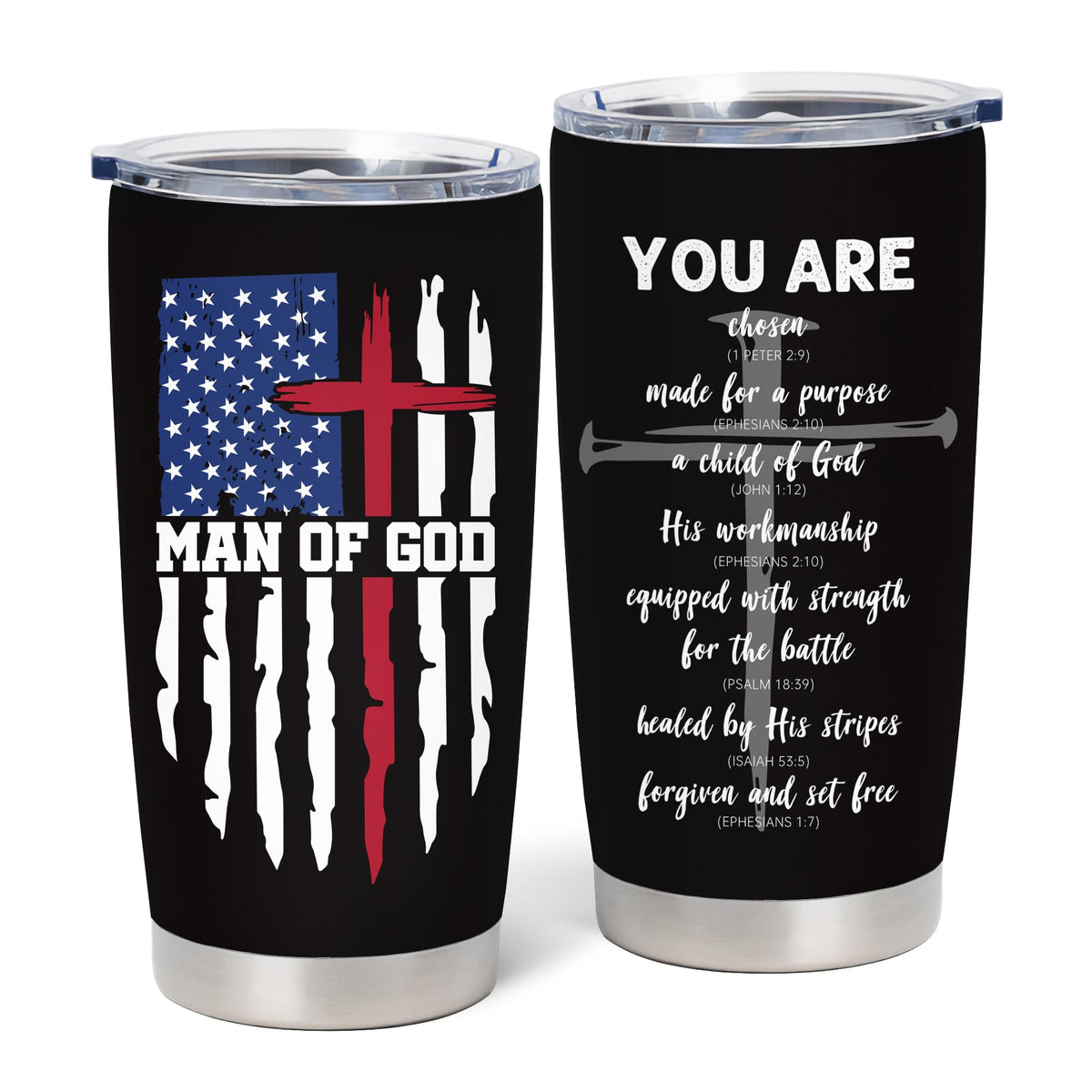 NVFCC Man of God 20oz tumbler, front view, keeps beverages at the perfect temperature.