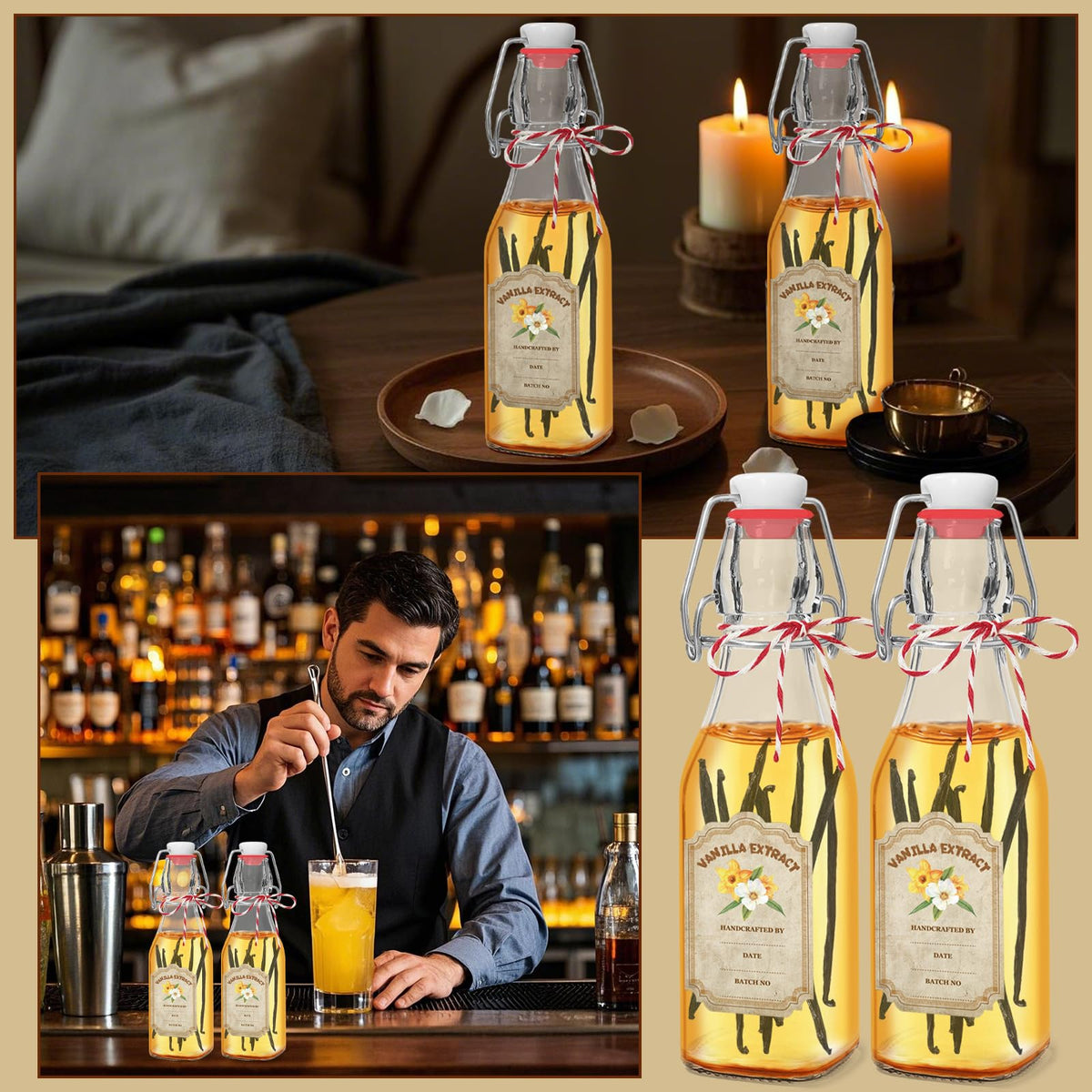 NVioAsport glass bottle set photographed in flatlay for kitchen storage.