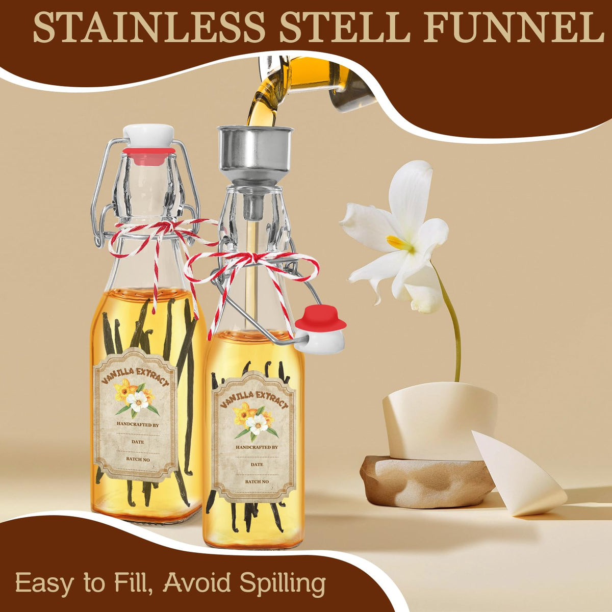 NVioAsport stainless-steel funnel enables smooth, drip-free transfers.