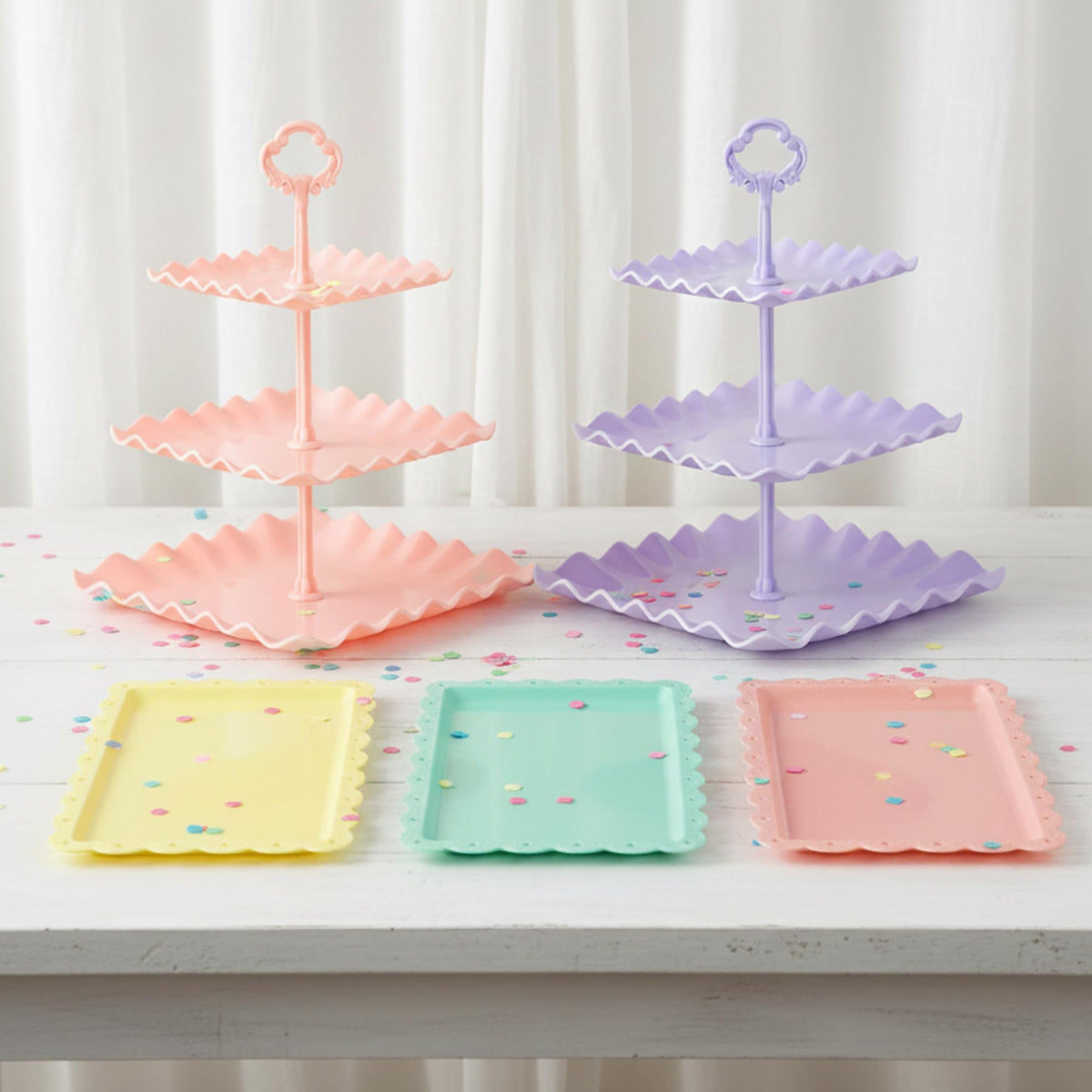 NWK 5-Piece Cake Stand Set rectangular-appetizer plates hold a variety of snacks.