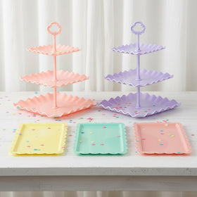 NWK 5-Piece Cake Stand Set rectangular-appetizer plates hold a variety of snacks.