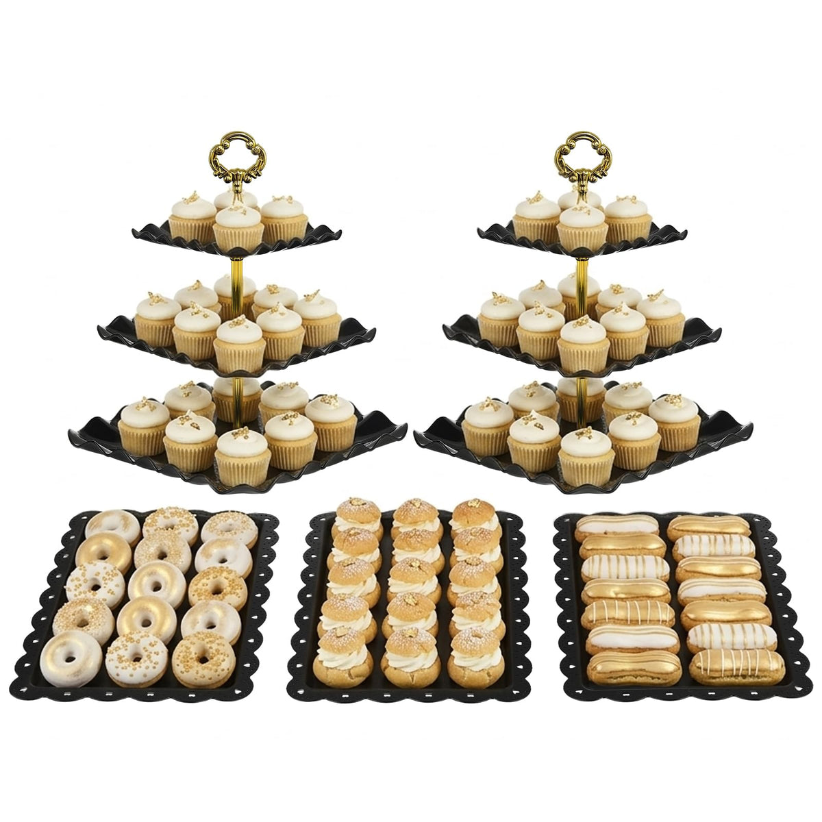 NWK five-piece cake stand set with two large 3-tier cupcake stands for elegant dessert displays.