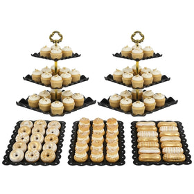 NWK five-piece cake stand set with two large 3-tier cupcake stands for elegant dessert displays.