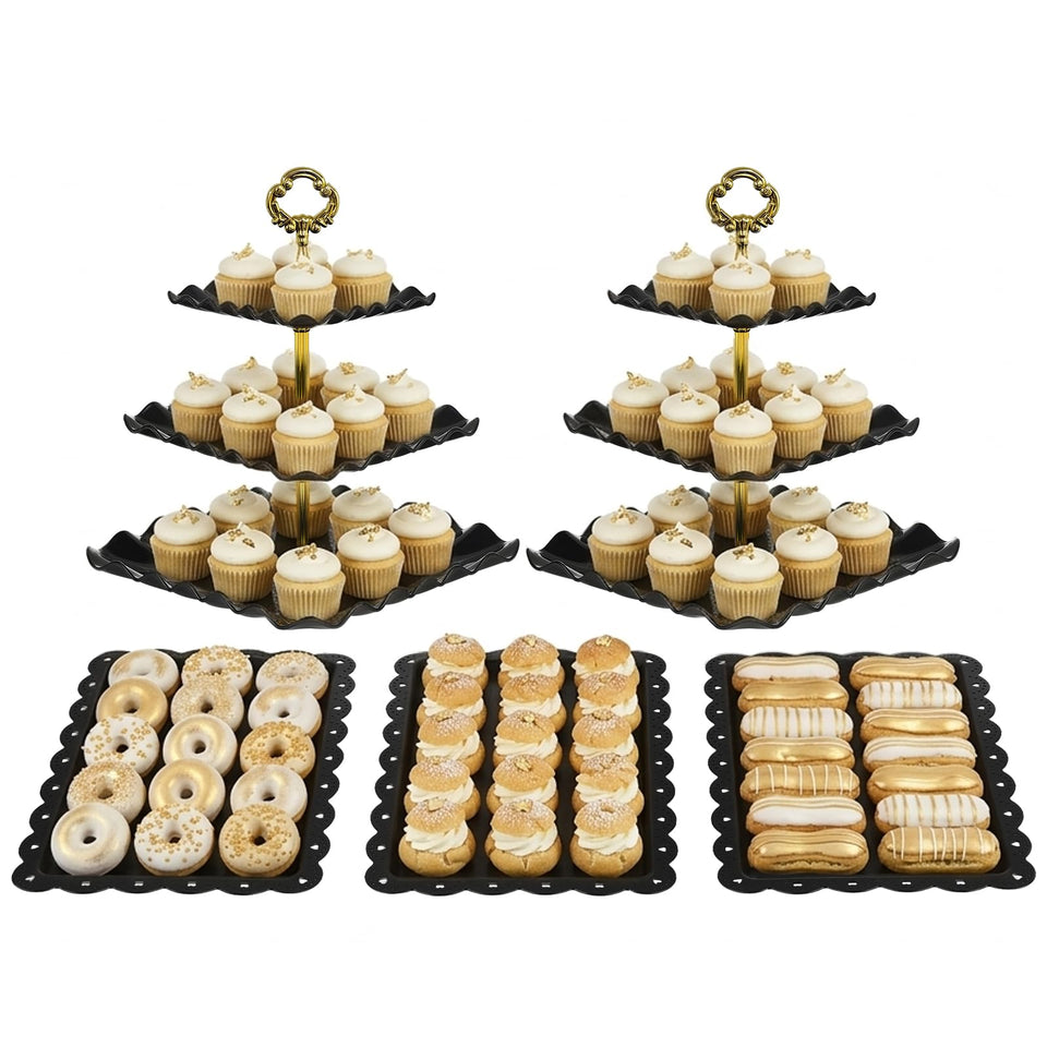 NWK five-piece cake stand set with two large 3-tier cupcake stands for elegant dessert displays.