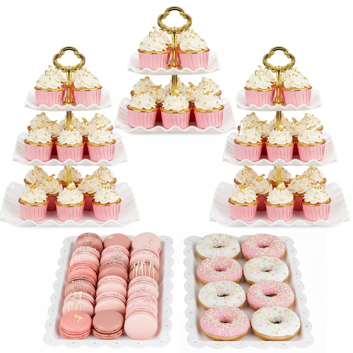 NWK gold 5-piece cake stand set displayed on a chic table for elegant event presentation.