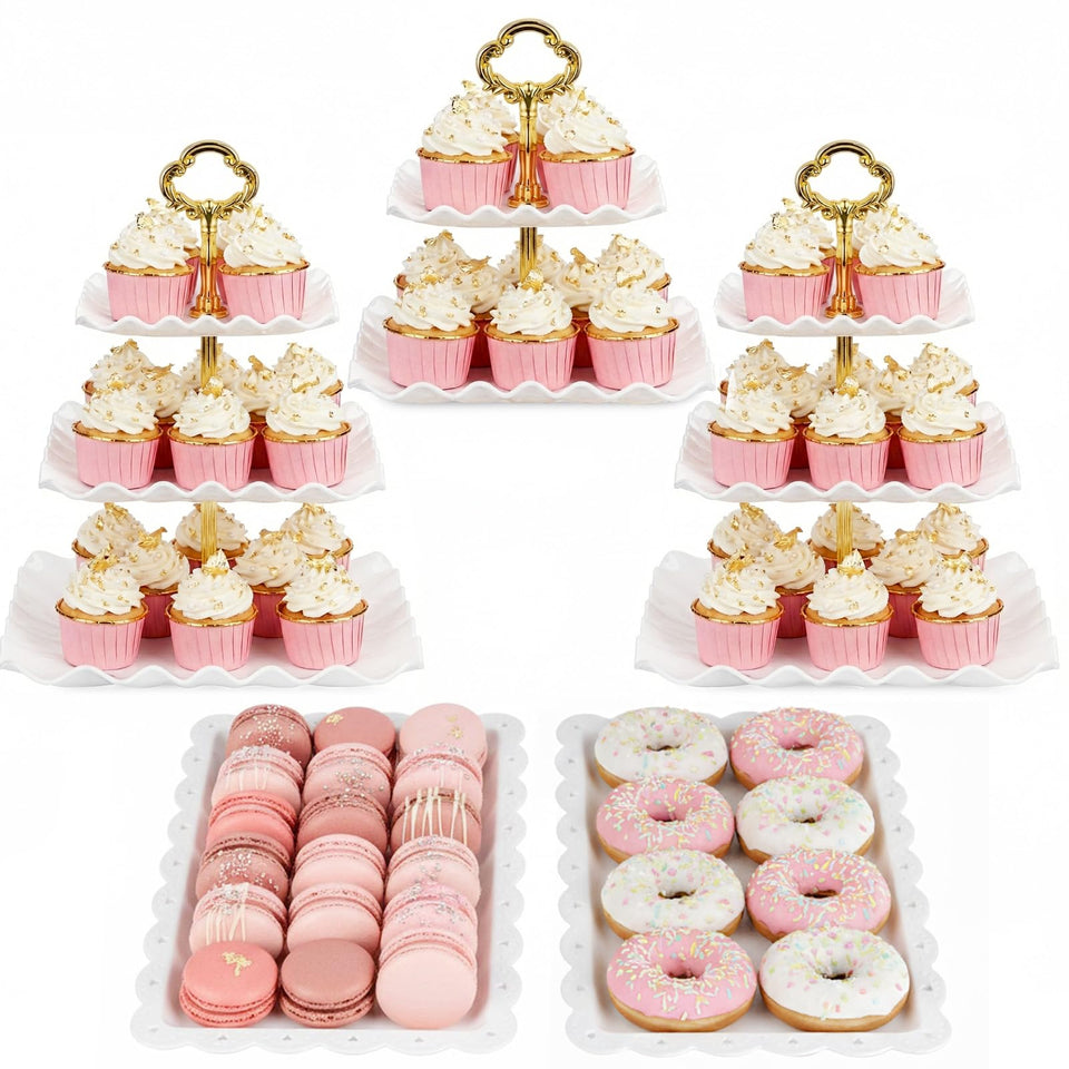NWK gold 5-piece cake stand set displayed on a chic table for elegant event presentation.