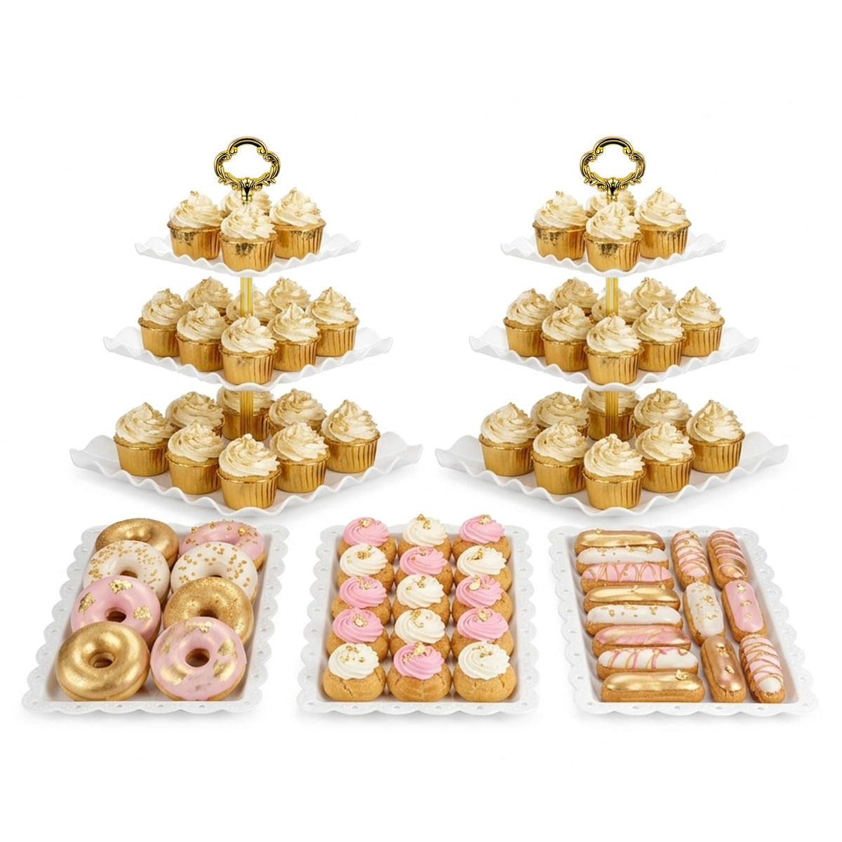 NWK gold two large 3-tier cupcake stands create an elegant dessert display