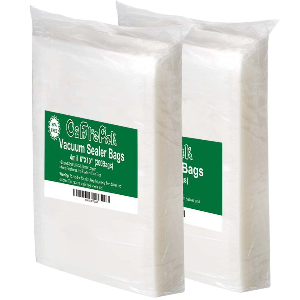 O2frepak 200-count 6x10 vacuum bag front view showing 4mil thickness for durable storage