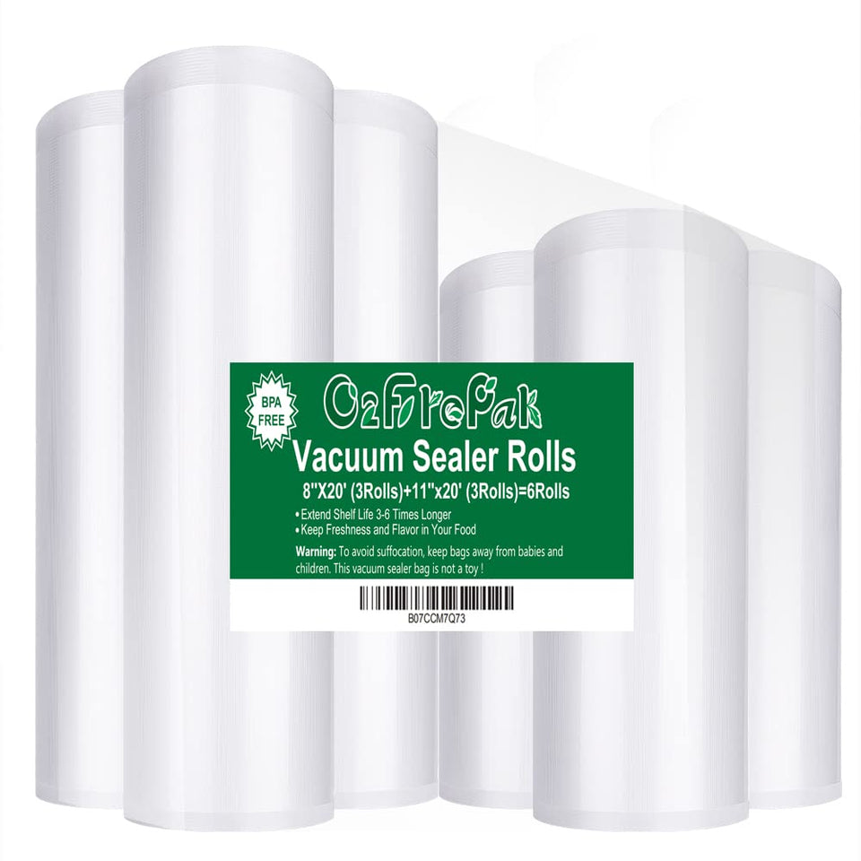 O2frepak 6Pack 8x20 rolls close-up for versatile sealing and bulk prep.