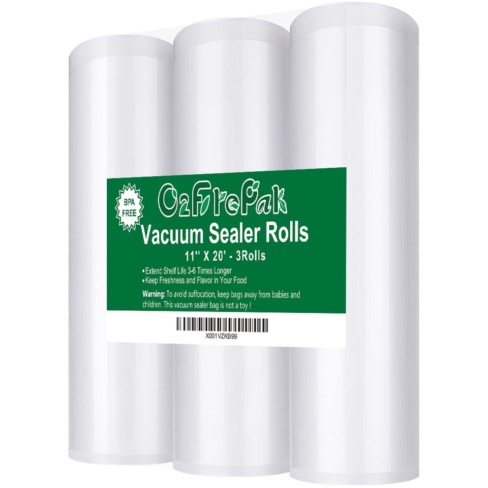 O2frepak BPA-free 11x20 vacuum bag roll for secure long-term storage.