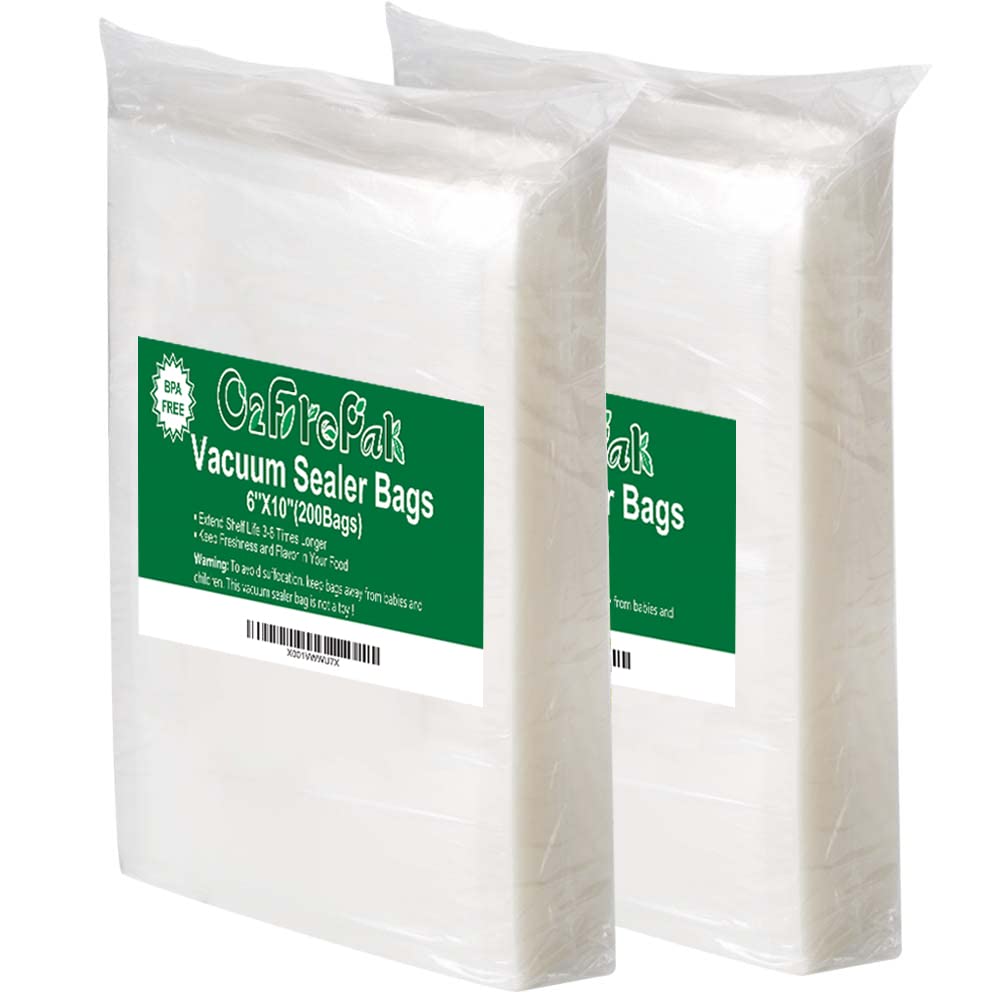 O2frepak precut vacuum bags showing 6x10 pint size for easy portioning