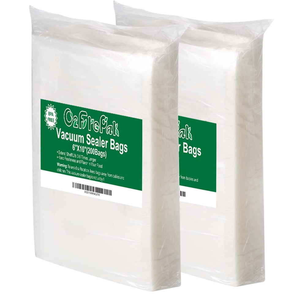 O2frepak precut vacuum bags showing 6x10 pint size for easy portioning
