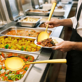 Oakibee one-piece construction spoon; sturdy and reliable for busy buffets.