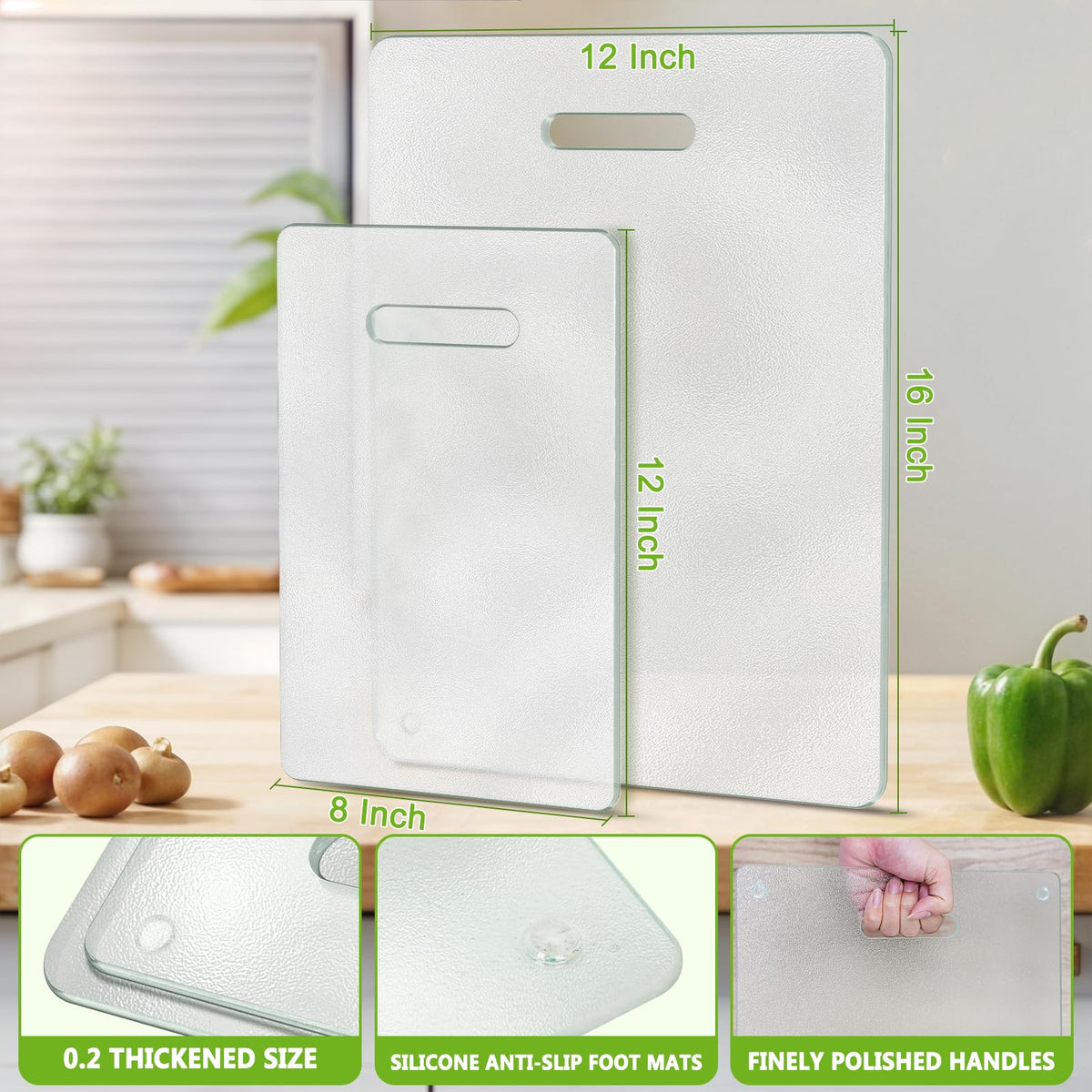 Oakjar glass cutting board with polished edges and handles