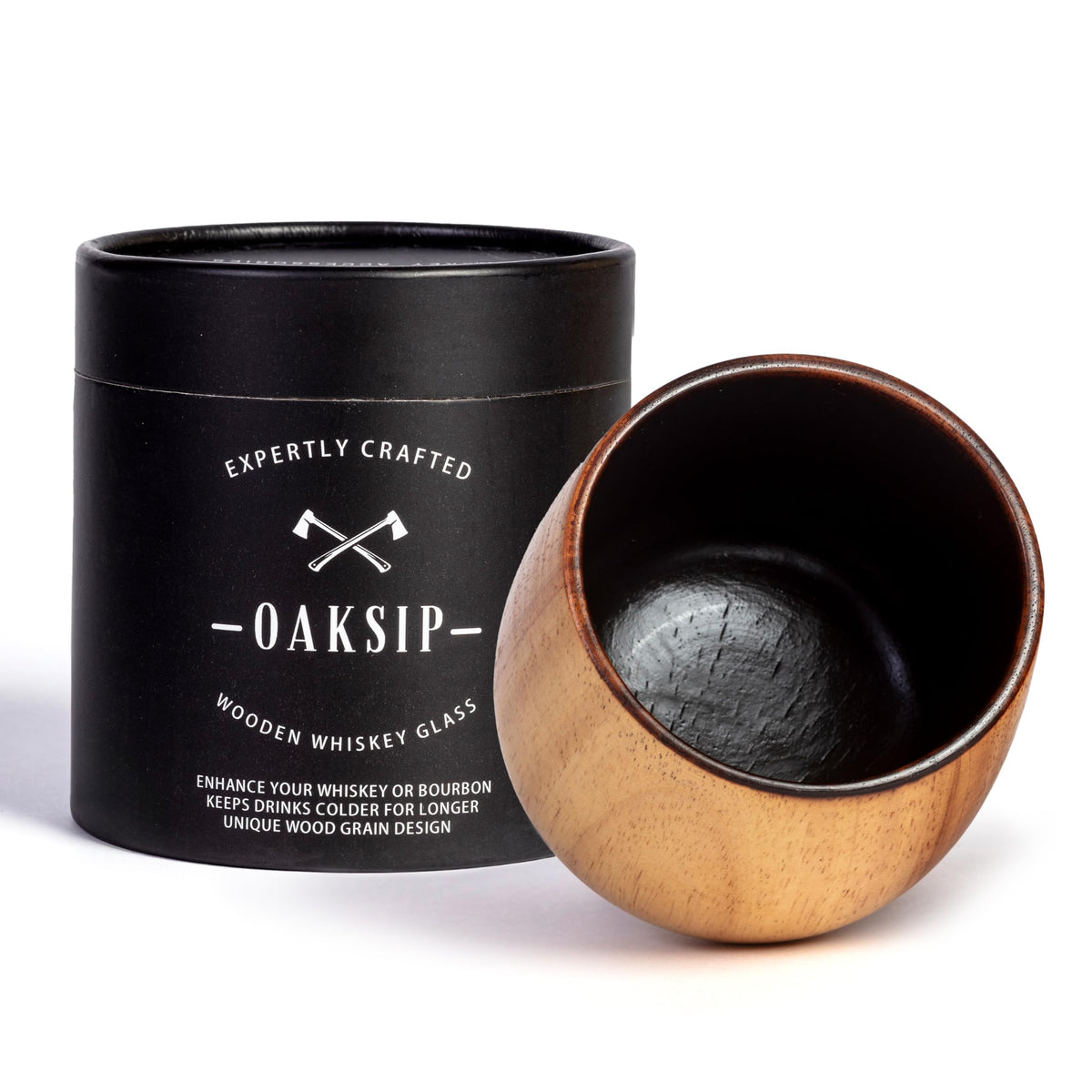 Oaksip charred wooden bourbon glass shows rich grain for an elevated whiskey experience