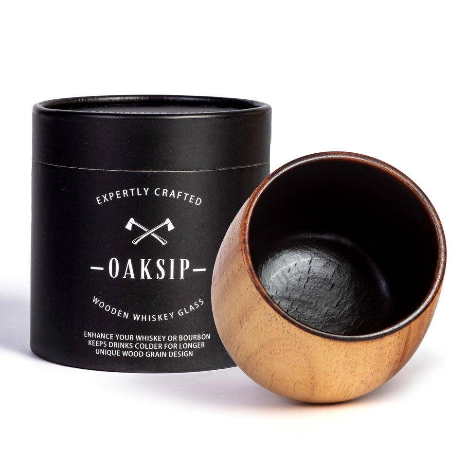 Oaksip charred wooden bourbon glass shows rich grain for an elevated whiskey experience