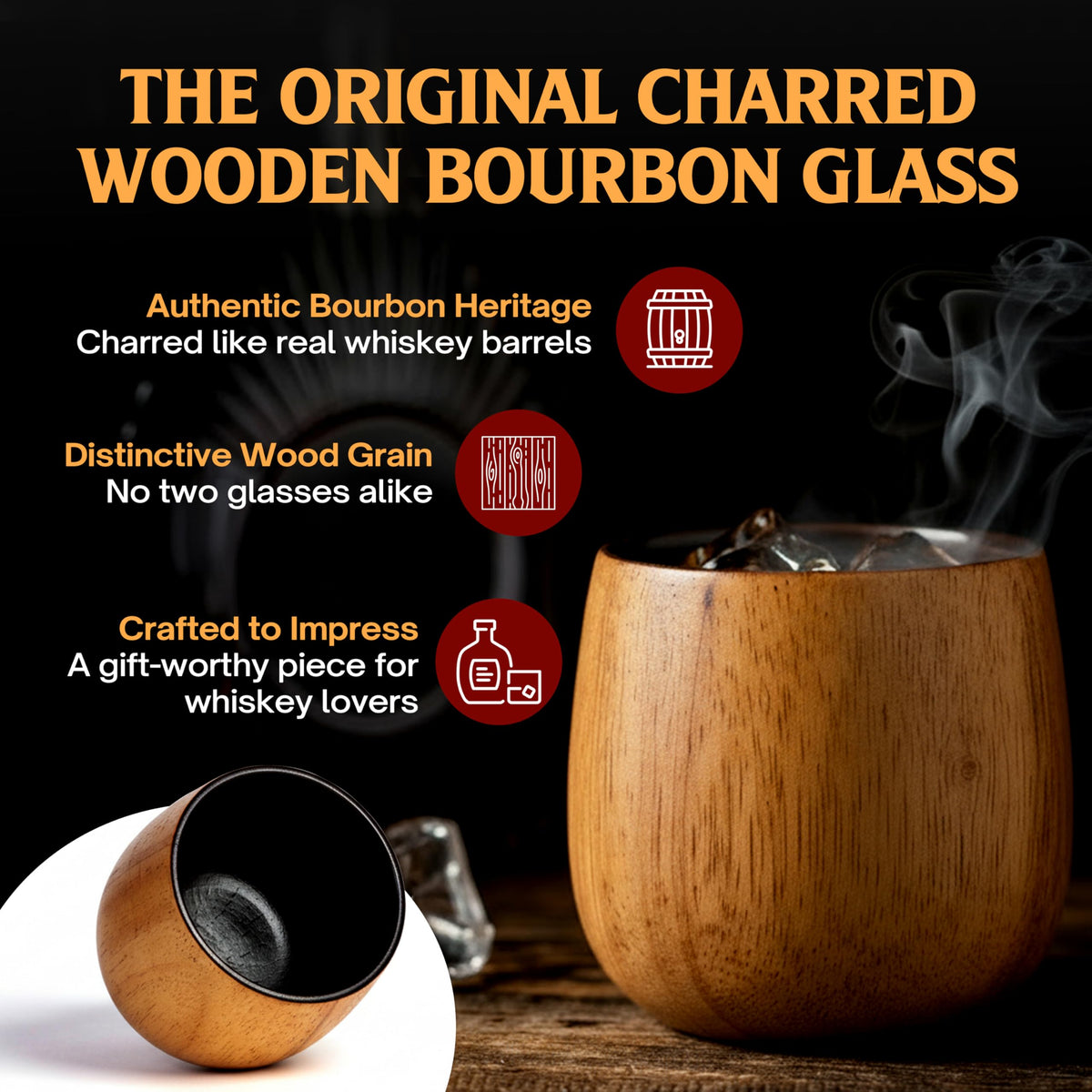 Close-up of charred finish and barrel-inspired character on Oaksip glass