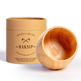 Oaksip original wooden bourbon glass front view highlighting natural wood and aroma