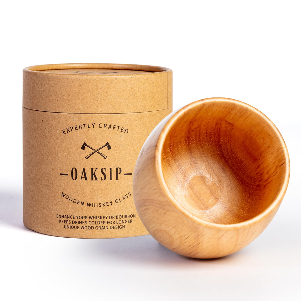 Oaksip original wooden bourbon glass front view highlighting natural wood and aroma