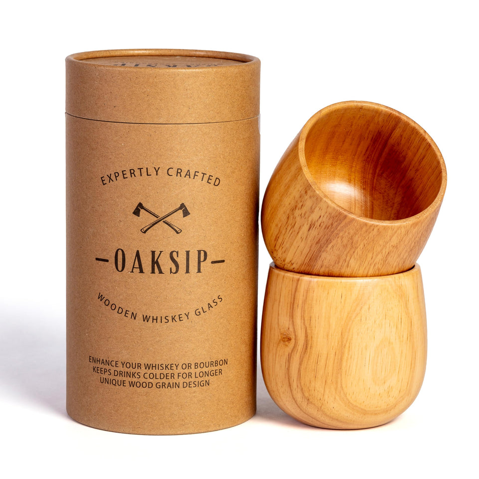 Oaksip wooden bourbon glass front view highlighting natural wood grain and flavor-preserving design