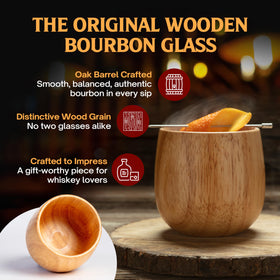 Oaksip wooden bourbon glass side view showcasing durable finish for long-lasting moments