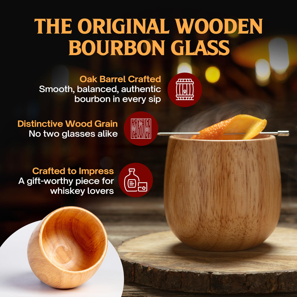 Oaksip wooden bourbon glass grain detail showing wood texture and craftsmanship