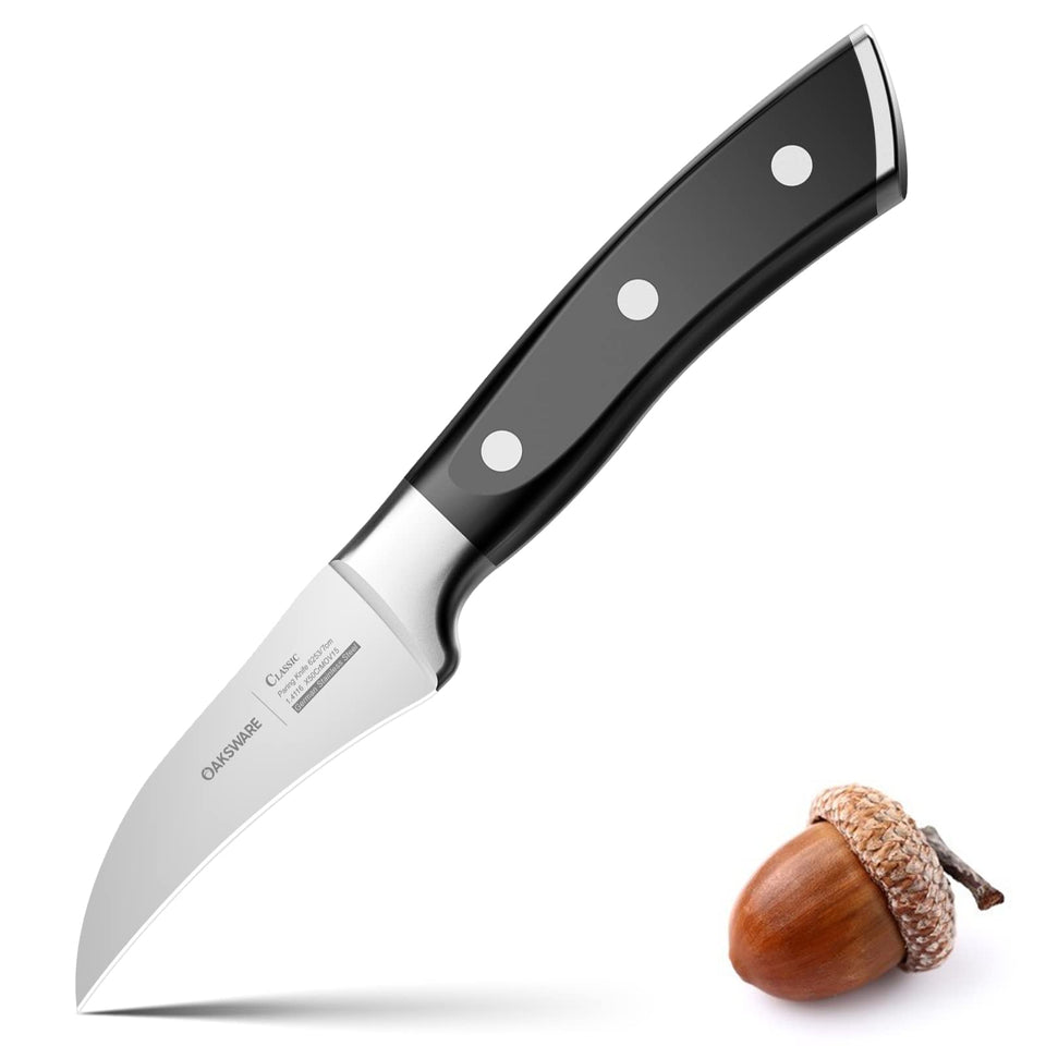 OAKSWARE Bird Beak Paring Knife is a compact 2.75 inch blade for precise peeling.
