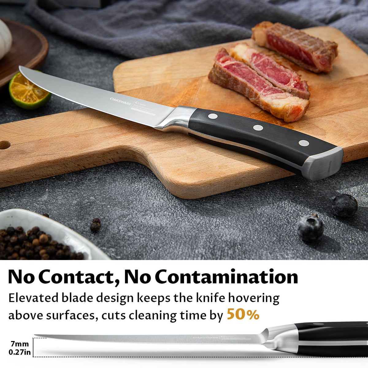 Full-tang forged handle provides balanced, fatigue-free slicing during long meals.