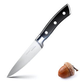 OAKSWARE paring knife close-up blade view highlighting precision cutting.