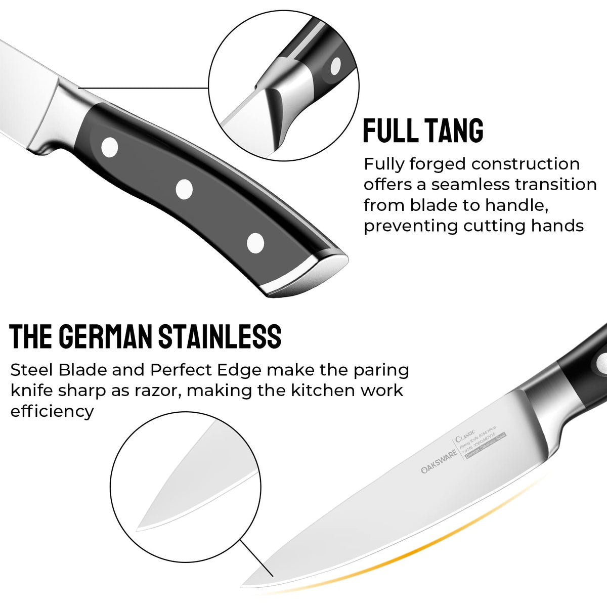 OAKSWARE paring knife with ergonomic handle for comfortable long prep.