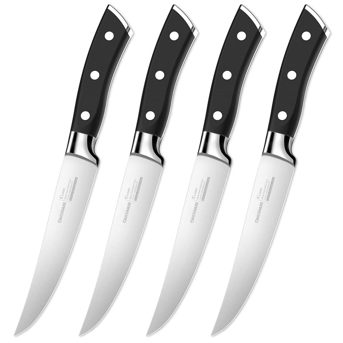 OAKSWARE steak knives blade close-up highlighting high-carbon steel for precision slicing.