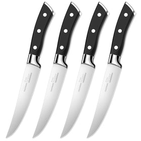 OAKSWARE steak knives blade close-up highlighting high-carbon steel for precision slicing.