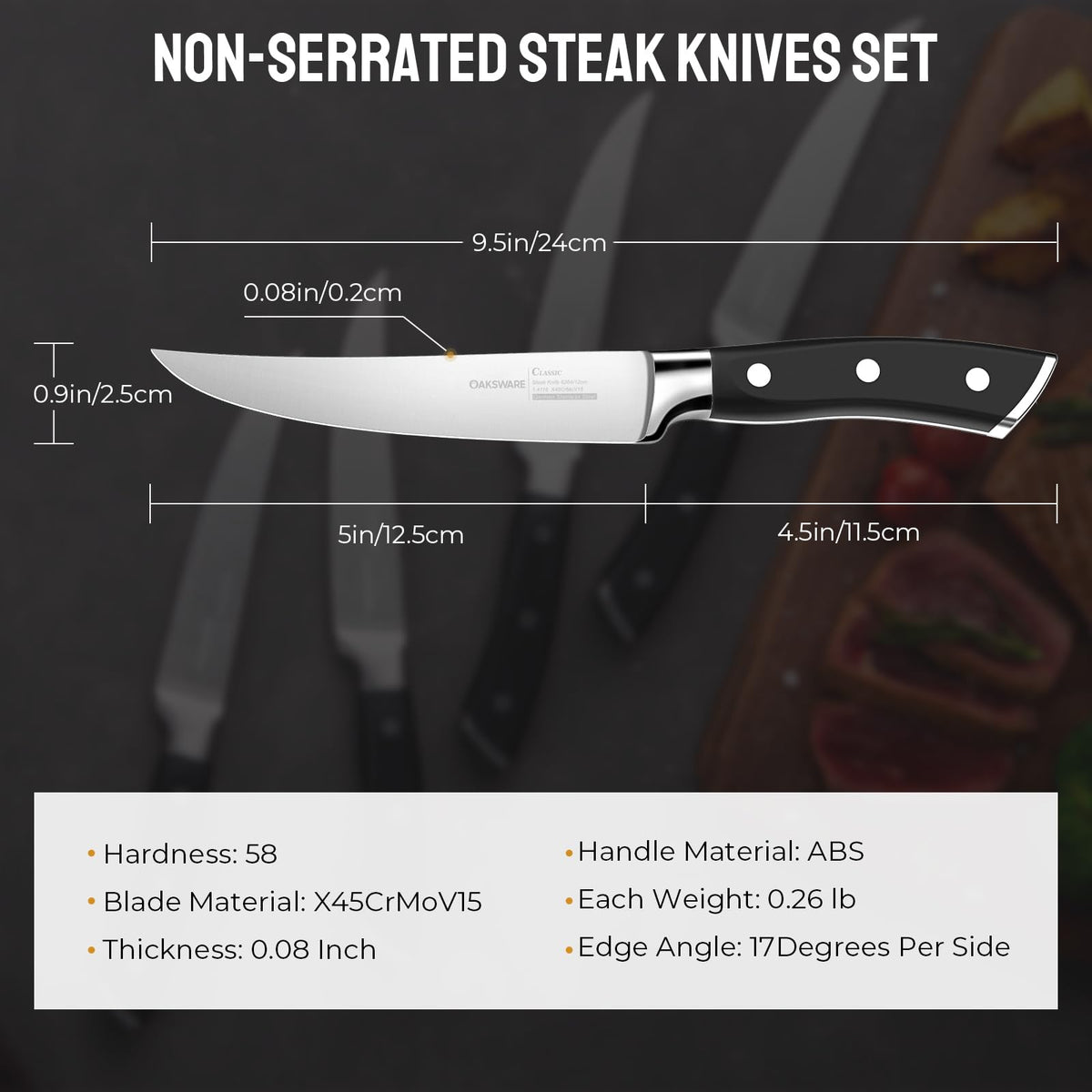 OAKSWARE steak knives handle design demonstrates ergonomic balance for fatigue-free prep.