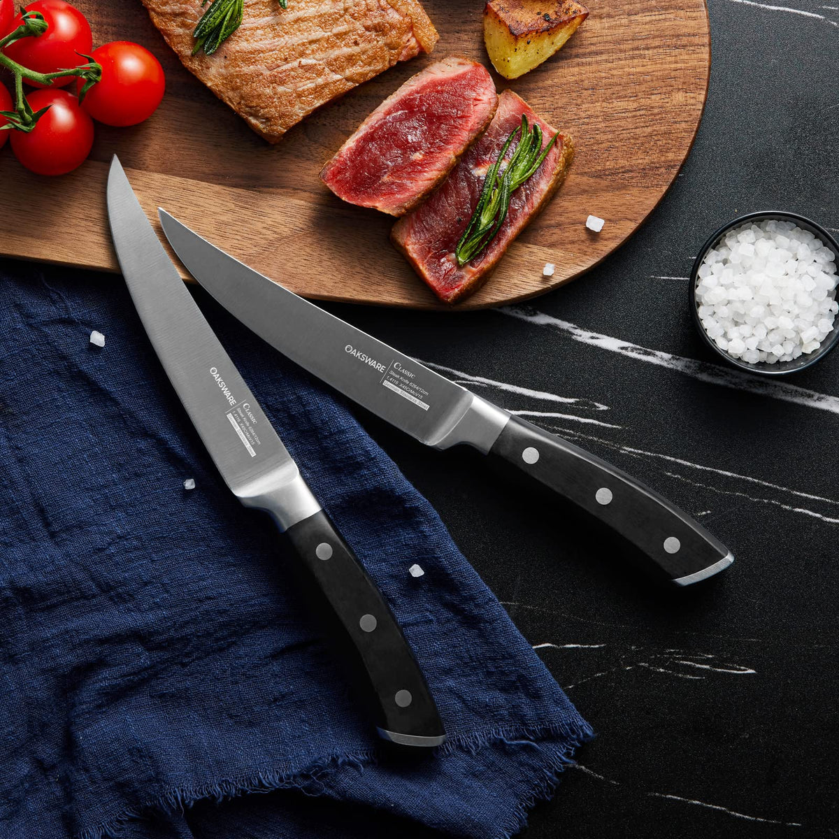 OAKSWARE 4-piece set shown with roast and steaks for versatile slicing.