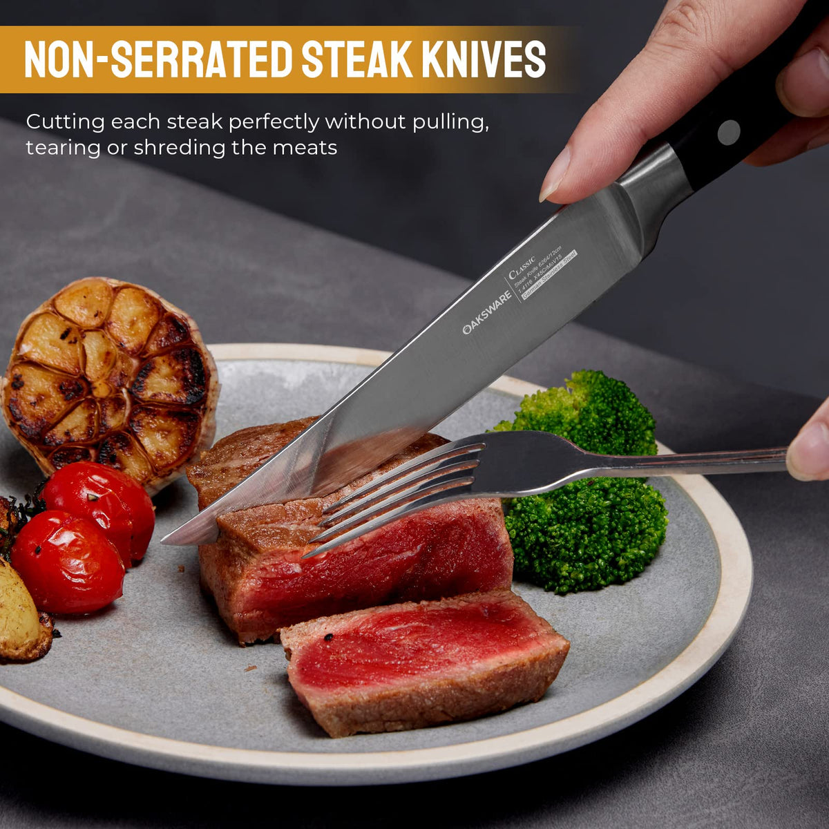 OAKSWARE steak knives with sleek profile ideal for everyday dining.