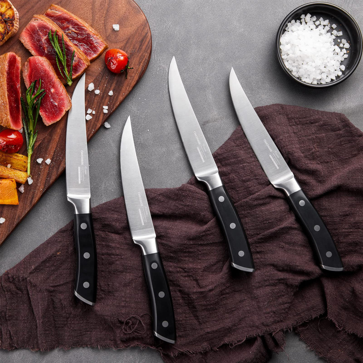 OAKSWARE blade edge maintained for long-lasting sharpness through many meals.