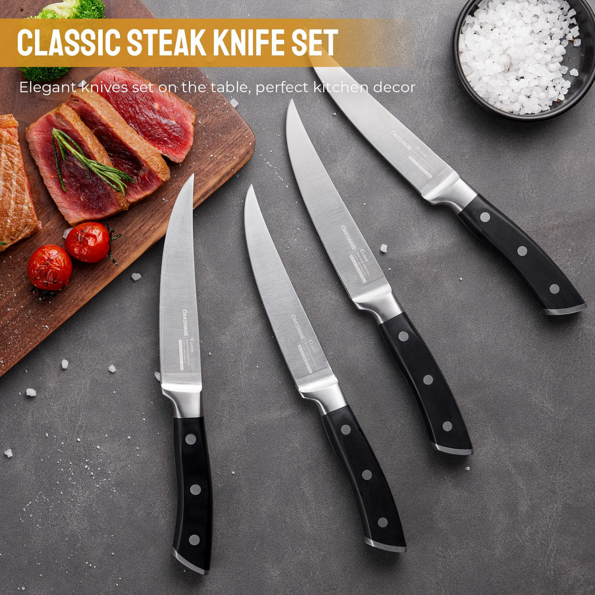 OAKSWARE knife set on table demonstrates non-slip grip during meal prep.