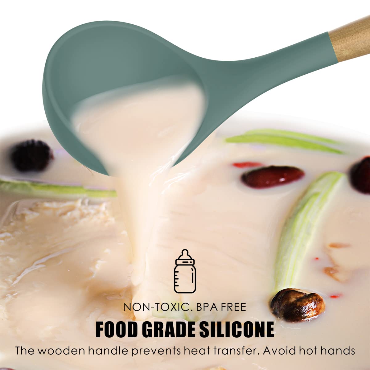 Oannao ladle and serving spoon for soups and sauces with heat resistance.