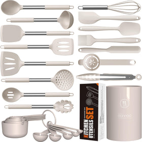 Oannao large silicone utensils set in khaki for safe nonstick cooking