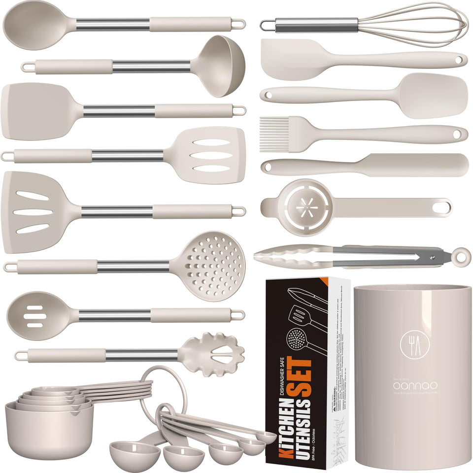 Oannao large silicone utensils set in khaki for safe nonstick cooking