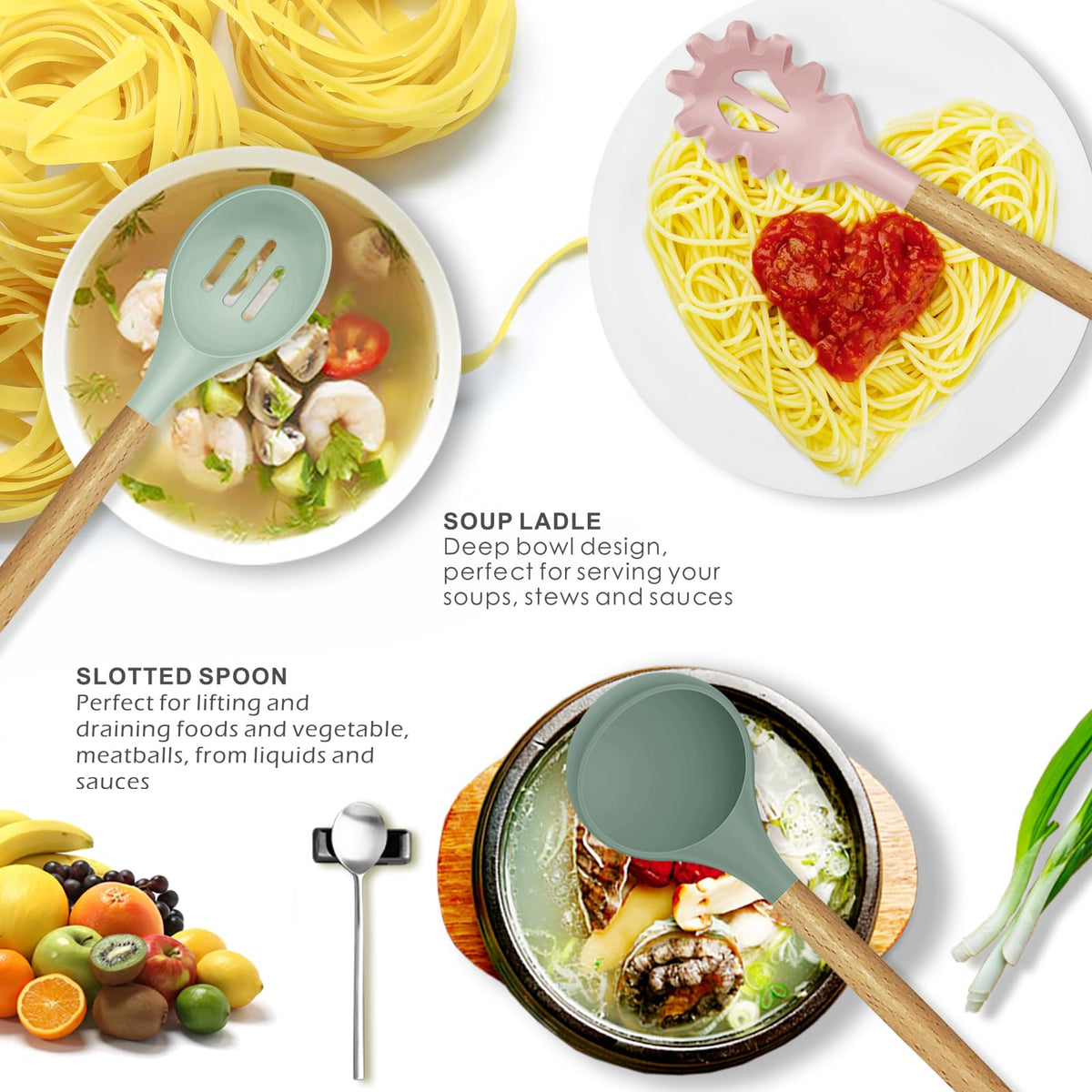 Oannao colorful silicone cooking utensil collection brightens the kitchen for everyday cooking.