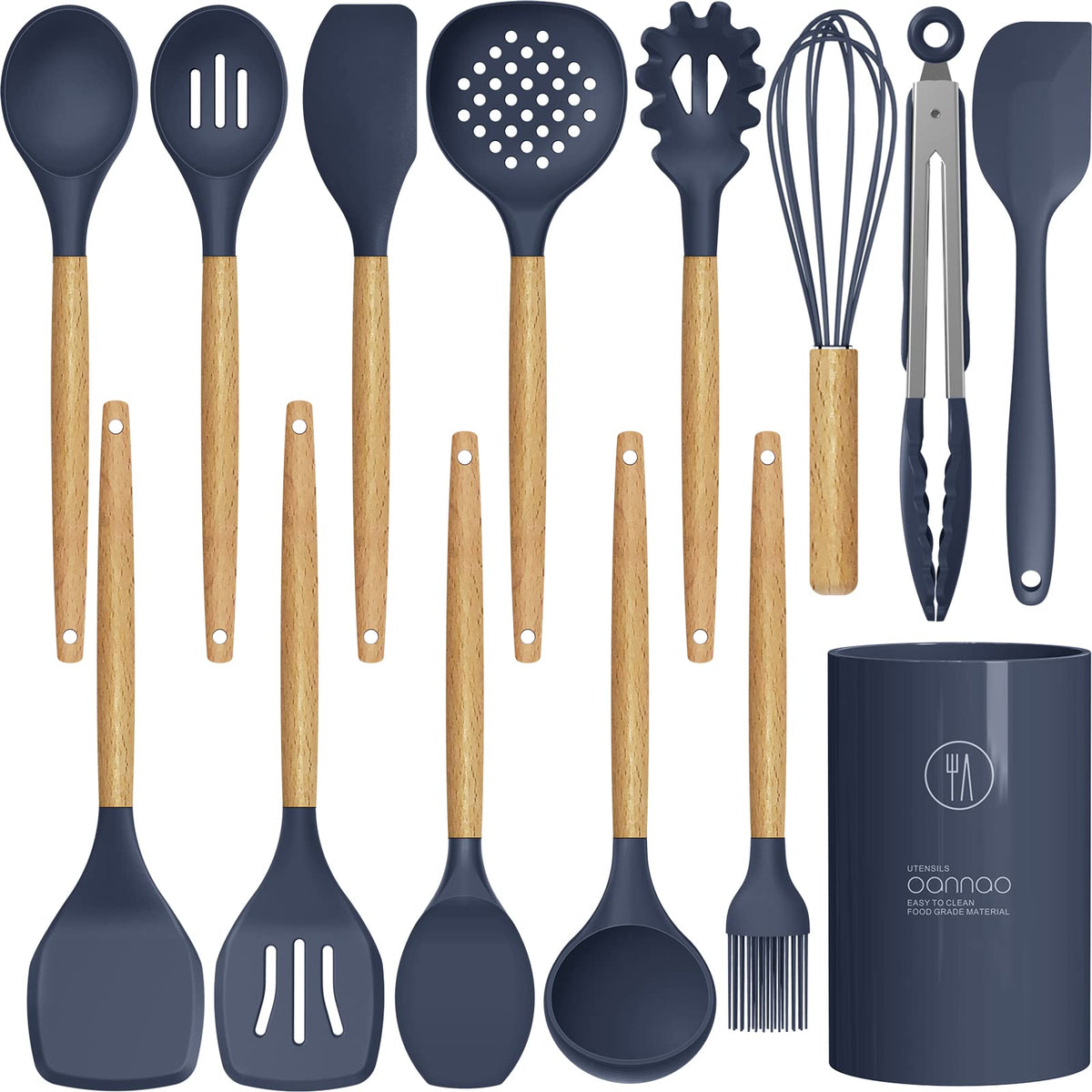 Oannao silicone utensils set spatula wooden handles protects non-stick pans while stirring